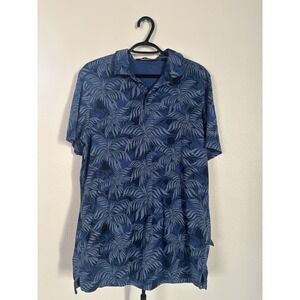 TravisMathew Mens Blue Palm Leaf‎ Tropical Print Golf Polo Shirt Size Large